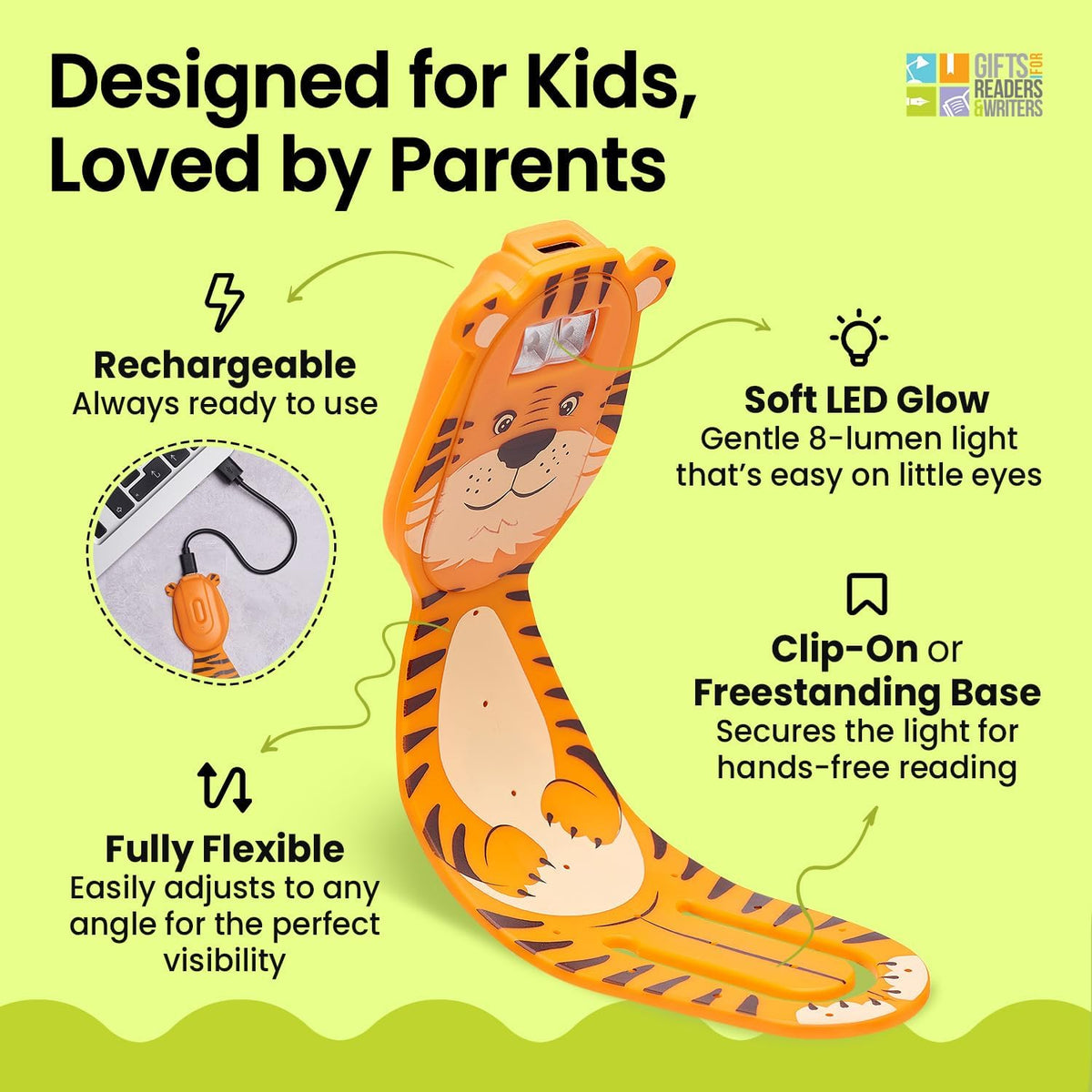 Gifts for Readers & Writers Rechargeable Book Light for Kids, Clip On Reading Light for Bed, 2in1 Flexilight Pals & Bookmark, 12 Hours of Light Once Charged, Includes USB Cable & 2 LED Lights, Dog