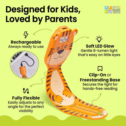 Gifts for Readers & Writers Rechargeable Book Light for Kids, Clip On Reading Light for Bed, 2in1 Flexilight Pals & Bookmark, 12 Hours of Light Once Charged, Includes USB Cable & 2 LED Lights, Dog