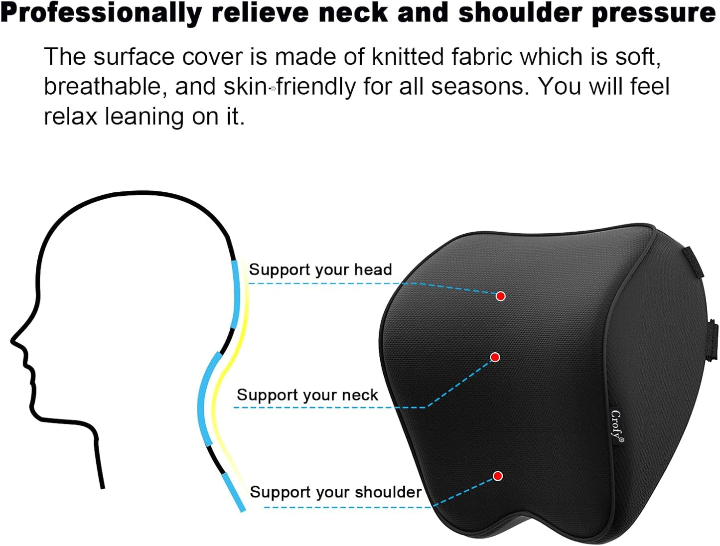 Crofy 2-Pack Car Neck Pillow, Headrest Pillow with Adjustable Strap, Black | Soft Memory Foam; Ergonomic Design Fits Most Car & Office Chairs; Breathable Removable Pillow Cover Is Machine Washable