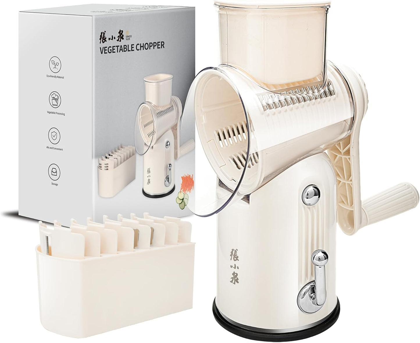 Rotary Cheese Grater Manual Hand Crank with 5 Blades & Suction Base, Kitchen Vegetable Shredder Slicer for Veggie, Nuts, Fruit, Cream