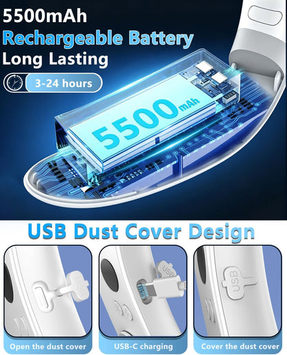 Neck Fan with Cooling Plate-24H Quiet Powerful Fans that Blow Cold Air-5 Speed&Power LED Display-USB 5500mAh Bladeless Wearable Personal AC Cooler for Women,Men,Kids,Travel,Outside,Indoor White