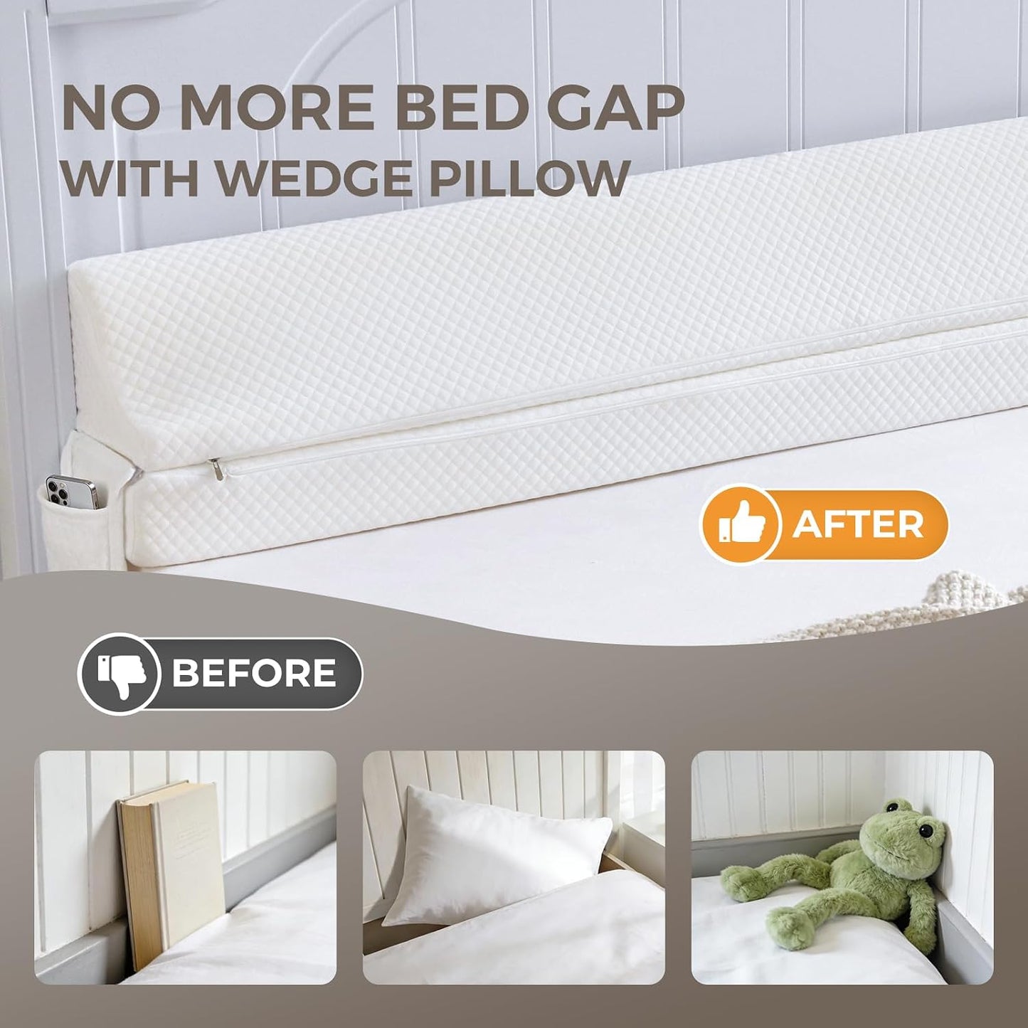 Bed Wedge Gap Filler Queen Size, Wedge Pillow for Headboard Gap, 60×10×6 in | Foldable Mattress Gap Filler, Close The Gap (0–7"),Between Headboard and Mattress, Bed Crack Pillow, White