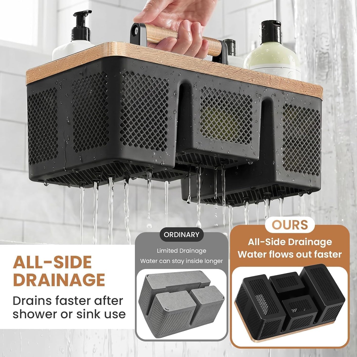 BYUNER Portable Cleaning & Shower Caddy with Handle: Rigid Plastic Basket with 4 Divided Compartments, All-Side Drainage for College Dorm, Bathroom & Utility Use, Black/Gold