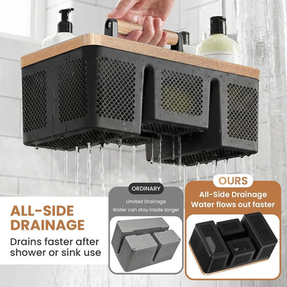 BYUNER Portable Cleaning & Shower Caddy with Handle: Rigid Plastic Basket with 4 Divided Compartments, All-Side Drainage for College Dorm, Bathroom & Utility Use, Black/Gold