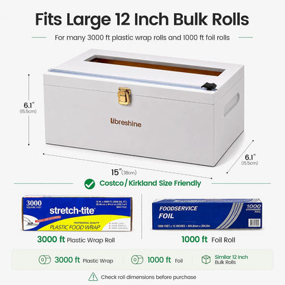 Libreshine 12-Inch Bamboo Plastic Wrap Dispenser with Cutter for Large Roll | Fits many 3000 ft plastic wrap and 1000 ft foil rolls, including Kirkland Signature rolls sold at Costco