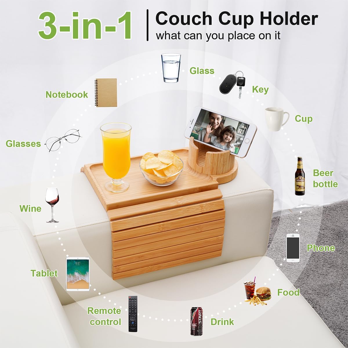 Couch Cup Holder - 3 in 1 Sofa Arm Tray with 360° Rotating Cup Holder & Phone Stand,Arm Chair Rest Table Fits Various of Large Width Couches Armrest,Anti-Slip Foldable Couch Tray for Drinks