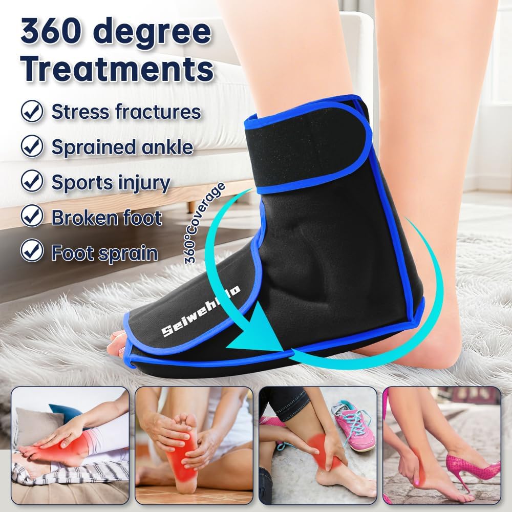 Ankle Ice Pack Wrap for Heel Foot Swelling Pain Relief, Reusable Large Hot Cold Gel Pack for Sprain, Achilles Tendonitis, Arthritis, Plantar Fasciitis, Post-Surgery, Sports Injury (Black,1pcs)
