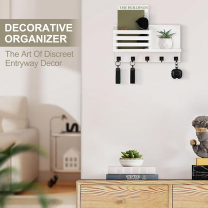 Key Holder Wall Mount, Mail Organizer for Wall with 5 Square Key Hooks | Key Holder for Wall, Key Holder with Shelf Farmhouse Home Decor for Home Entryway