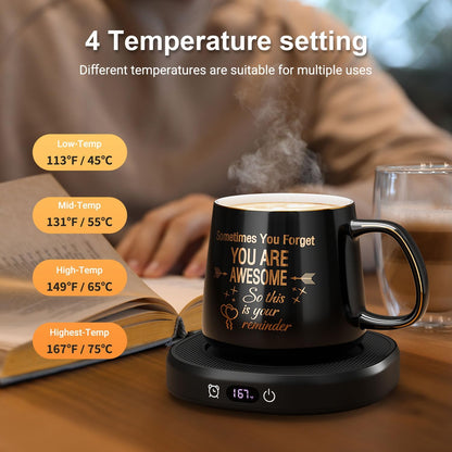Coffee Mug Warmer & Pure Black Mug Set, Electric Cup Warmer for Desk | Beverage Warmer Plate for Coffee,Tea,4 Temperature Setting,8-Hours Auto Shut Off,14oz Mug with Spoon & Bamboo Lid Included