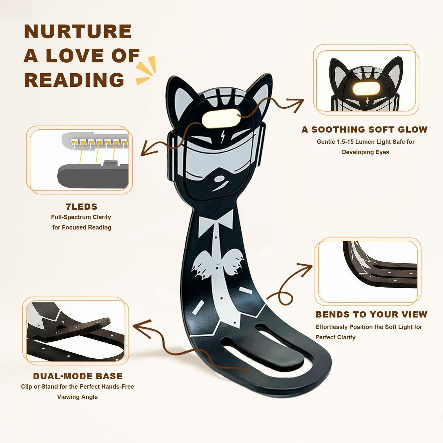 Rechargeable Kids Book Light, Cute Bookmark Reading Light for Kids, Dimmable Portable LED Book Light for Reading in Bed, Eye-Caring Bedtime Reading Lamp for Children & Travel, Brown