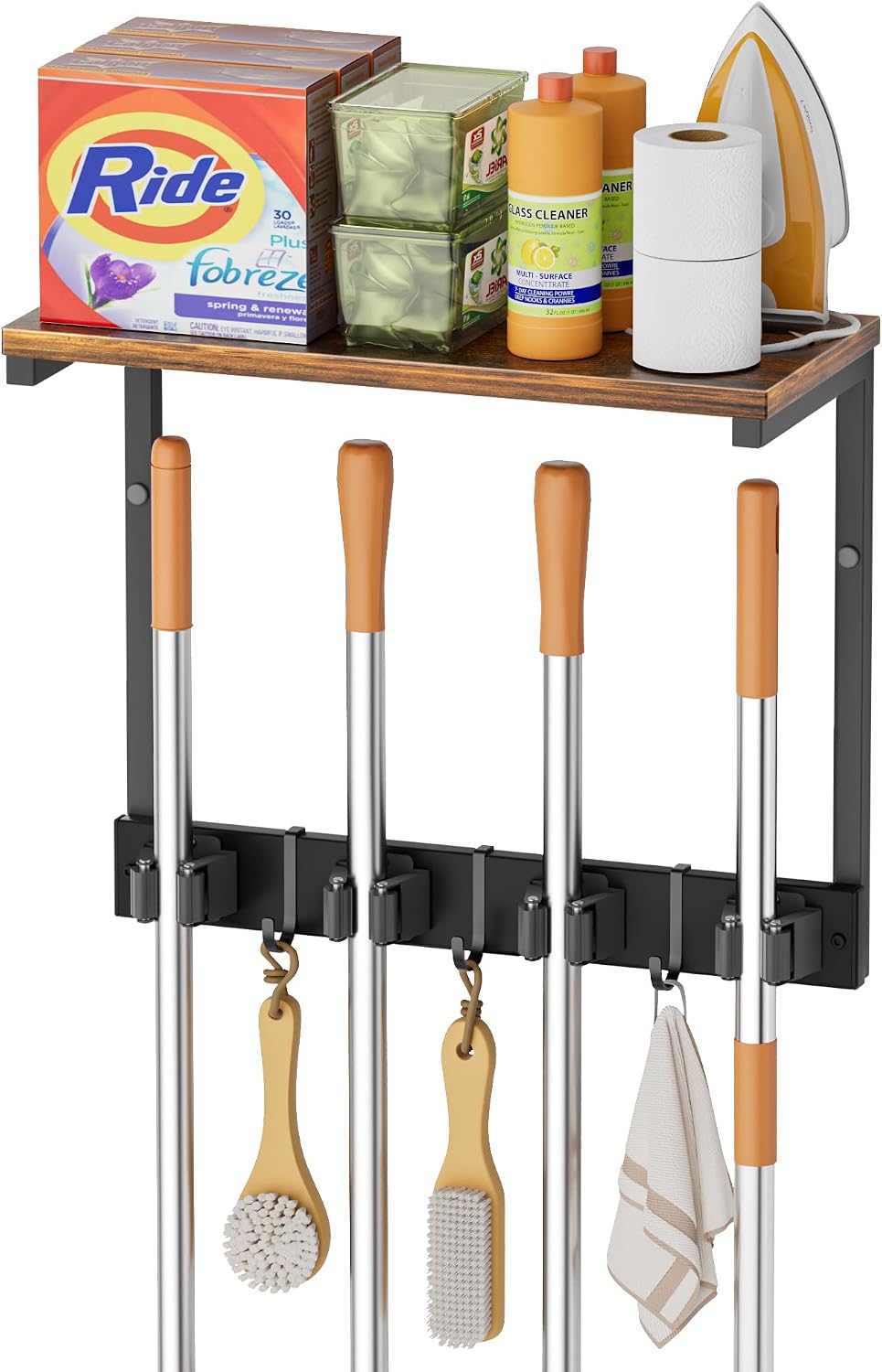 Broom Holder Wall Mount with Cleaning Supplies Organizer, Laundry Room Organization and Storage Shelves with Mop Hanger Rack Gripper Hooks, Utility Shelf Closet Organizer for Home Garage Kitchen