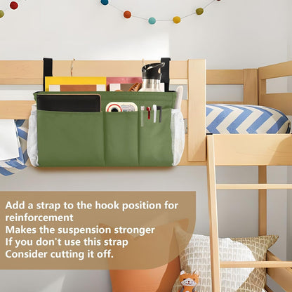 YETTASBIN Olive Green Bedside Caddy Hanging Storage Organizer Bag with 2 Straps & Hooks for Bunk Beds, College Dorm, Hospital Bed - Holder for Books, Phone, Magazine, Glasses, Keys