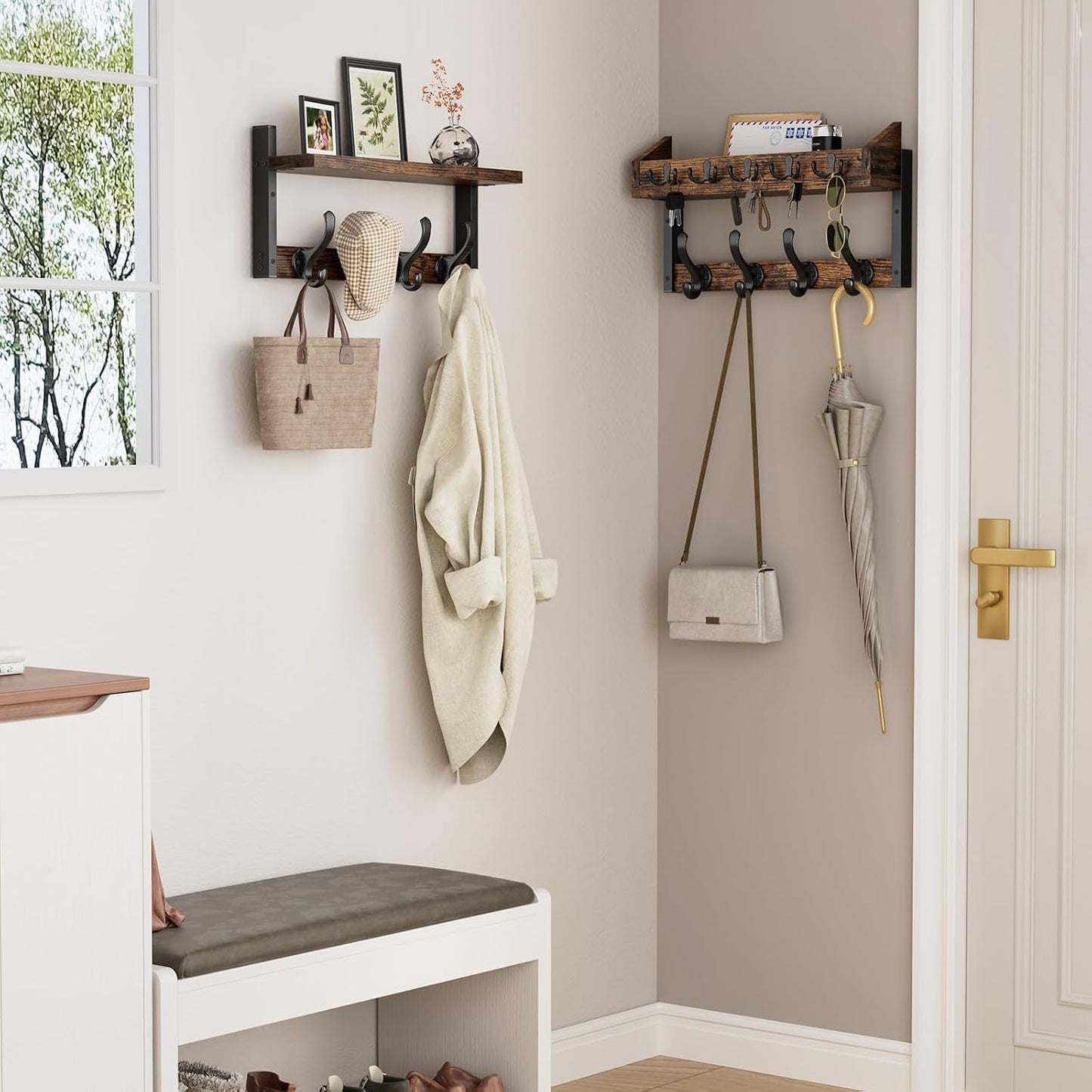 Evermagin 29" Coat Rack Wall Mount with Shelf for Entryway, Rustic Brown | Wall Mounted Coat and Key Rack with Hooks, Key Holder with Mail Organizer for Wall, Living Room, Mudroom, Bedroom