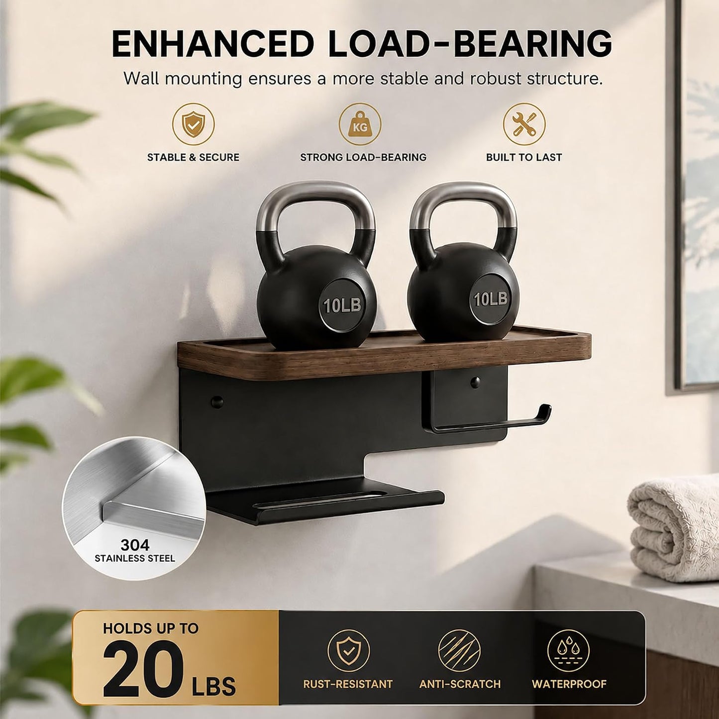 Toilet Paper Holder with Wide Walnut Shelf, Wall Mount Matte Black | 14.29 X 4.8 in Wide Solid Wood Shelf with Waterproof Finish,Rust-Resistant SUS304 Stainless Steel,Adhesive or Screw Mount