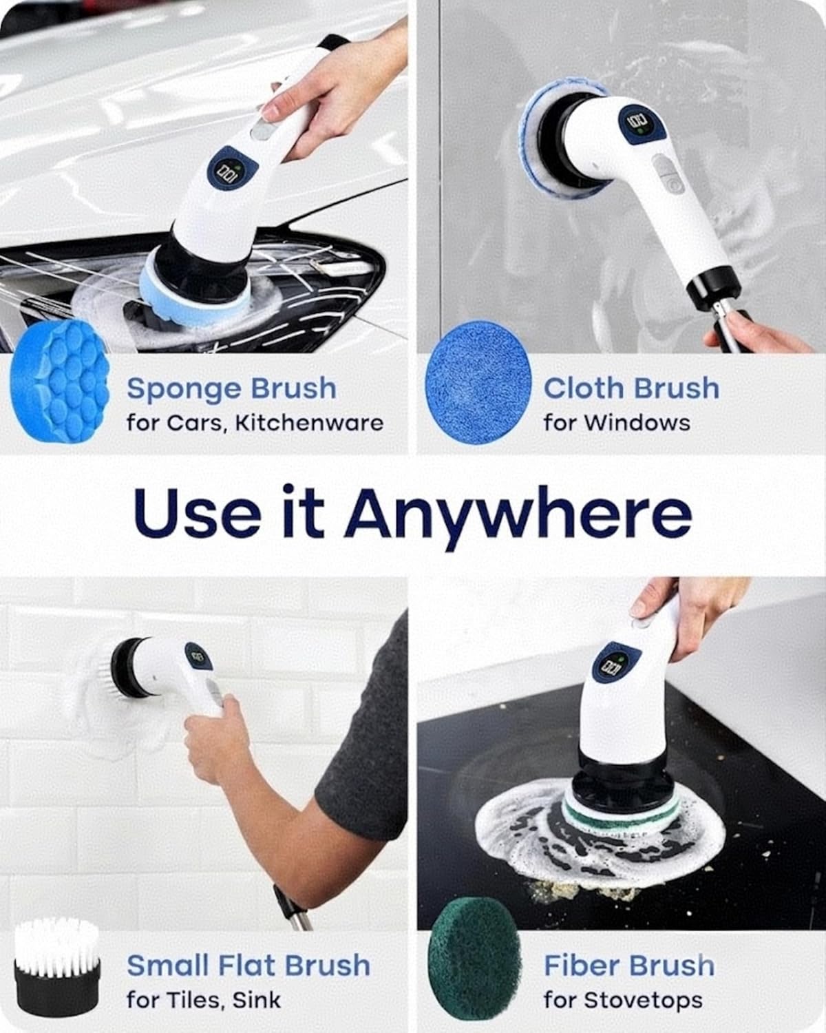 Electric Spin Scrubber for Cleaning with 7 Replaceable Heads | Adjustable Shower Brush with LED Display, 2 Speed Waterproof Cordless Shower Scrubber for Bathtub, Kitchen, Car, White