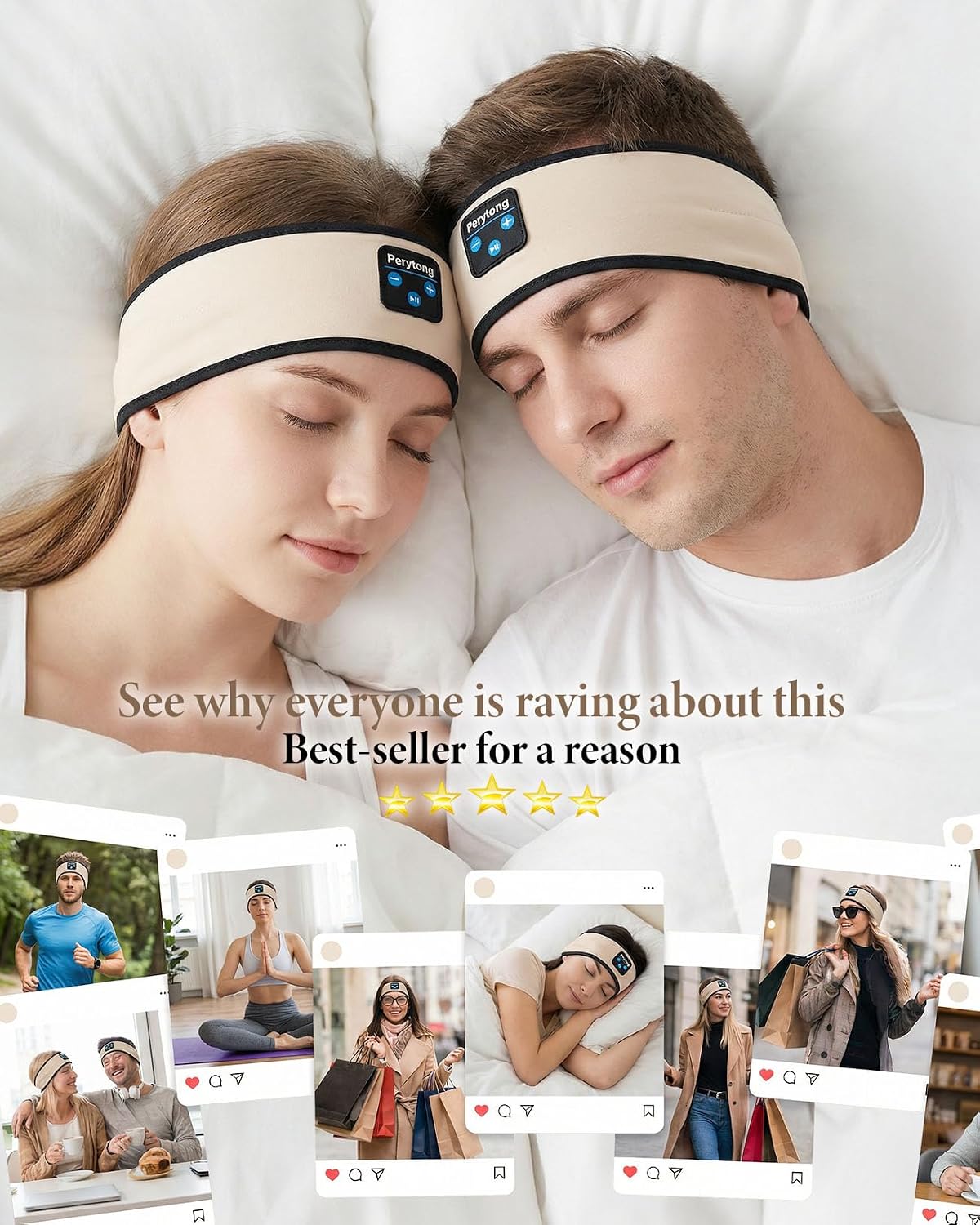 Perytong Sleep Headphones Bluetooth 5.4 Headband, Wireless Sleep Headphones with Ultra-Thin HD Stereo Speakers for Side Sleepers, Soft & Sweat Resistant Sport Headband for Yoga Travel Workout