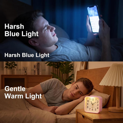 Small Analog Alarm Clock Battery Operated with Warm Glow Nightlight, Silent Non-Ticking Quartz Desk Clock, Easy-to-Read Dial, Battery Powered Travel Table Clock for Bedroom, Students, Office（Pink)
