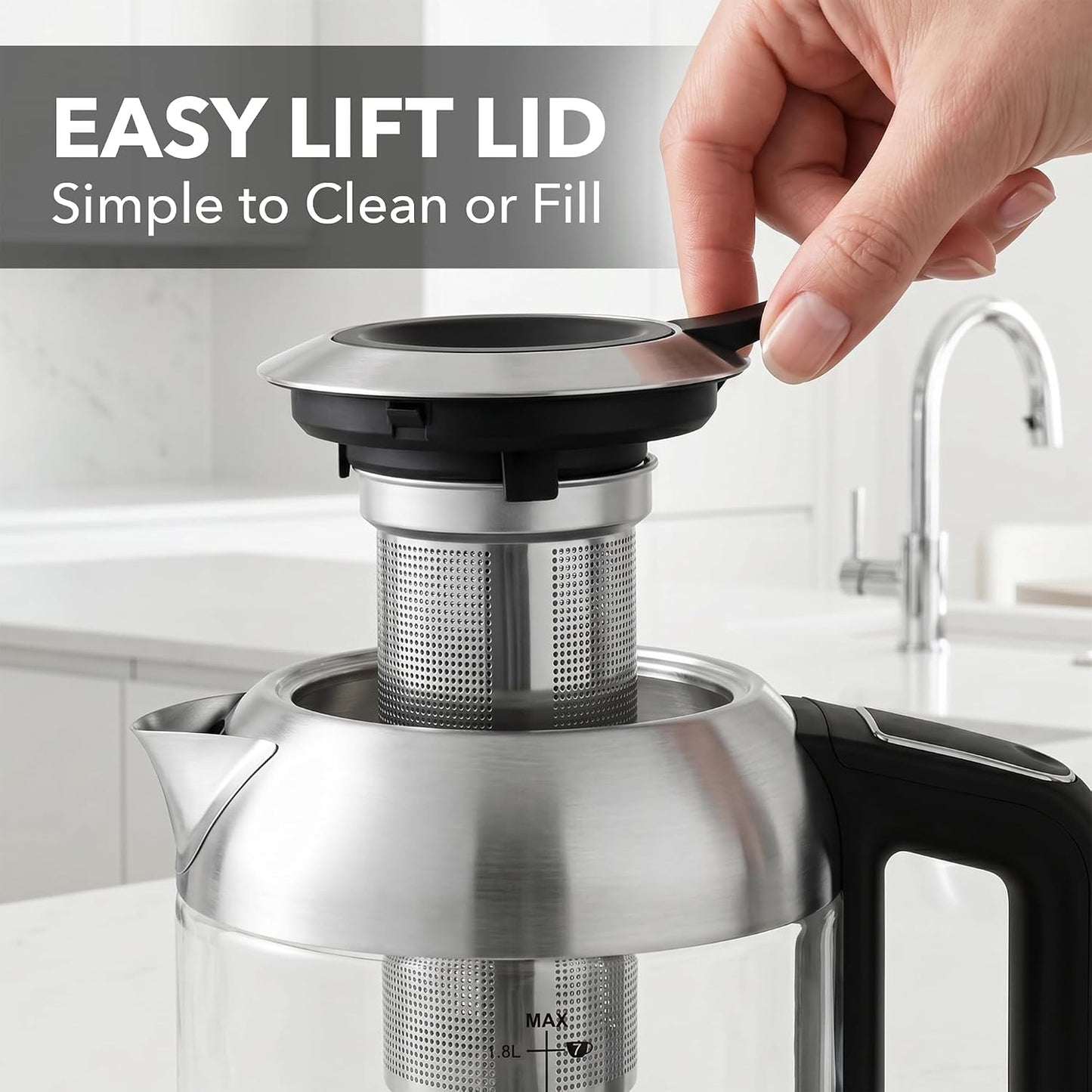 OVENTE 1.8L Glass Electric Kettle with Tea Infuser, Silver KGD752S | 1500W Fast Boiling, Easy Fill Lid, 7 Temperature Control, Keep Warm, Digital Display, Auto Shut-Off, Boil-Dry Protection