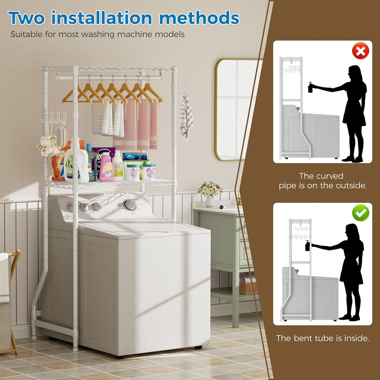 Golpart Laundry Organizer Shelves Over the Washer and Dryer Storage Shelf | Heavy Duty Laundry Room Organization Clothes Drying Rack Adjustable Height Wire Shelving and Wire Basket with Hanger Rod