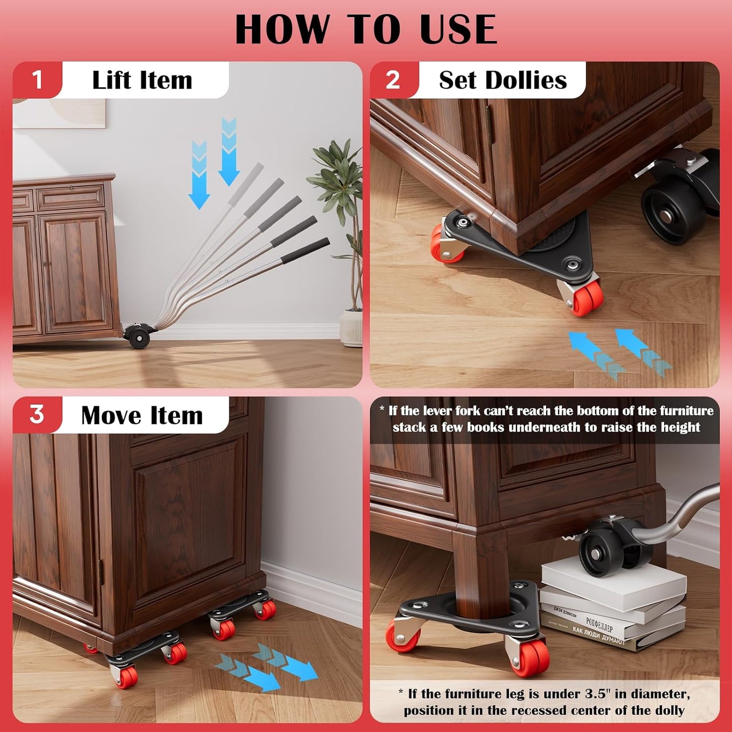 Heavy Duty Furniture Movers with 5-Wheel Dollies, Furniture Dolly Set with Lifter & Base, 360° Swivel Casters, Non-Slip Pads, Up to 2000 lbs Load Capacity