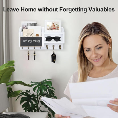 Lwenki Mail and Key Holder – Wall Mount Key Hanger with Shelf and 7 Metal Hooks – Decorative Natural Paulownia Wood Entryway Organizer with Mounting Hardware (16.5”W x 8.7”H x 3.5”D) (Brown)