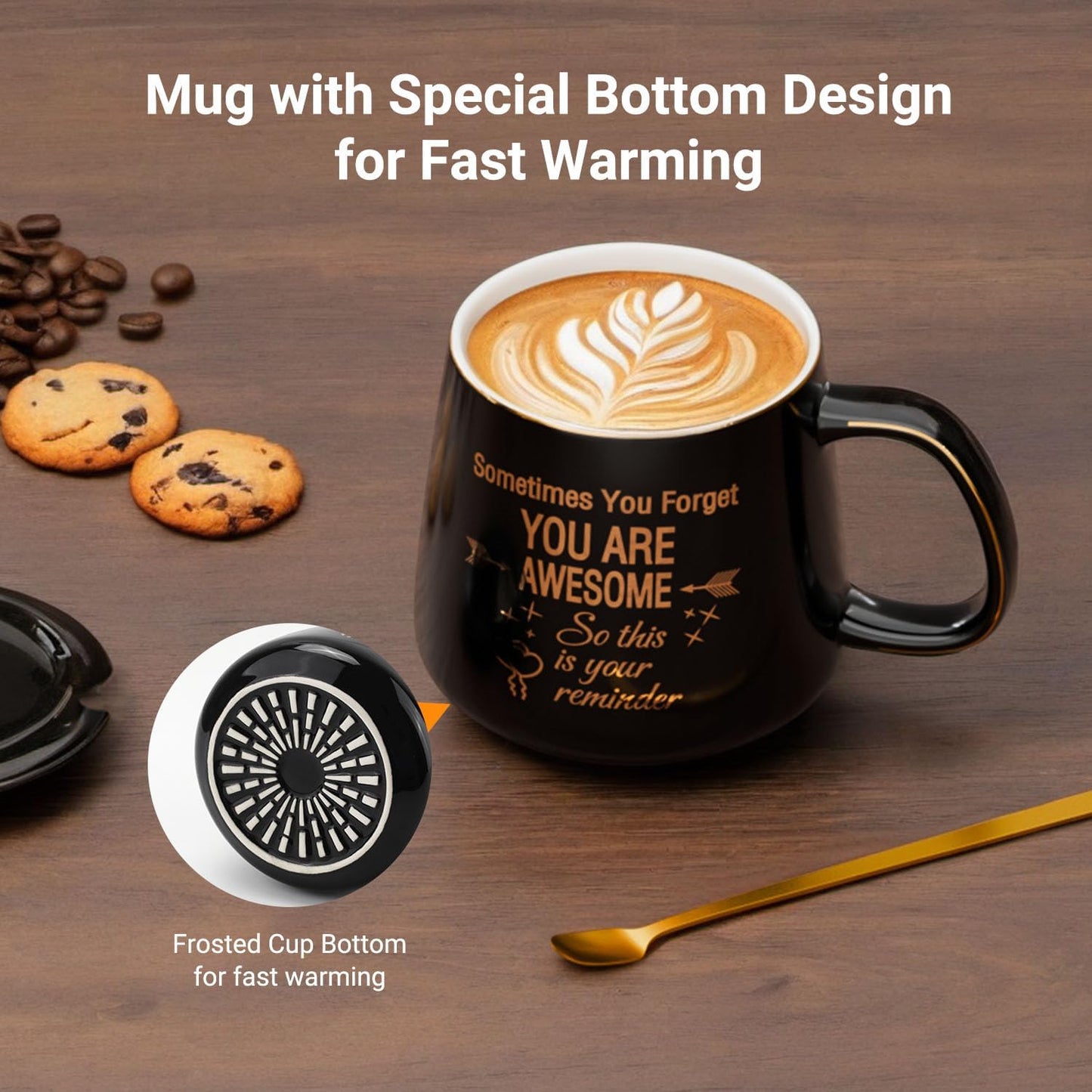 Coffee Mug Warmer & You are Awesome Mug Set, Electric Cup Warmer for Desk | Beverage Warmer Plate for Coffee, Tea, 4 Temperature Setting, 8-Hours Auto Shut Off, 14oz Mug with Spoon & Lid Included