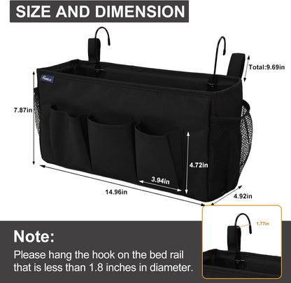 Surblue Bedside Organizer with Hook Bedside Caddy Hanging Storage Bag with Adjustable Straps and Water Bottle Holder for Home College Dorm Bunk Bed Accessories, Crib Bed Rails, Hospital Bed, Black