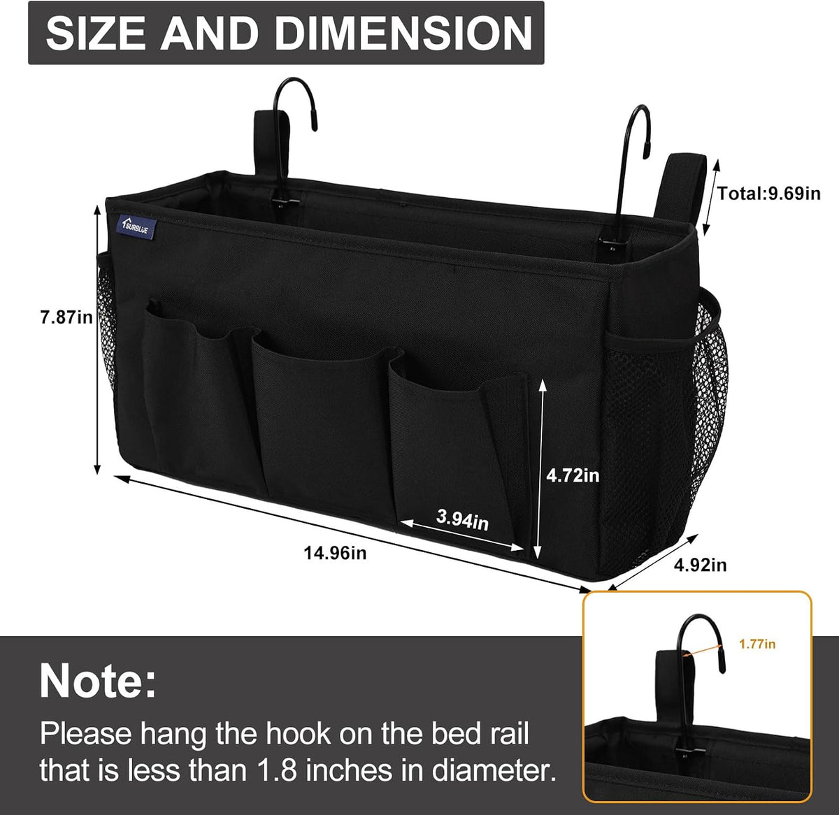 Surblue Bedside Organizer with Hook Bedside Caddy Hanging Storage Bag with Adjustable Straps and Water Bottle Holder for Home College Dorm Bunk Bed Accessories, Crib Bed Rails, Hospital Bed, Black