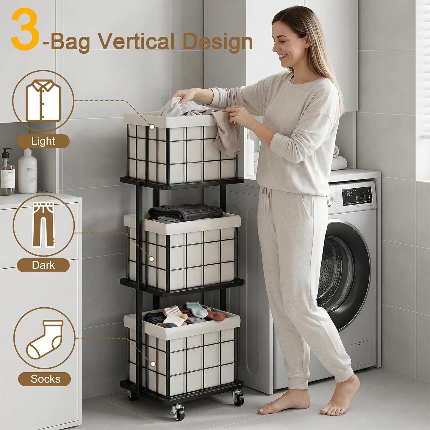 120L Vertical Laundry Sorter,3 Tier Metal Rolling Laundry Basket | Slim Tall Laundry Hamper 3 Section with wheels and 3 Removable Bags for Small Spaces, Dorm, Bathroom, Laundry Room, White