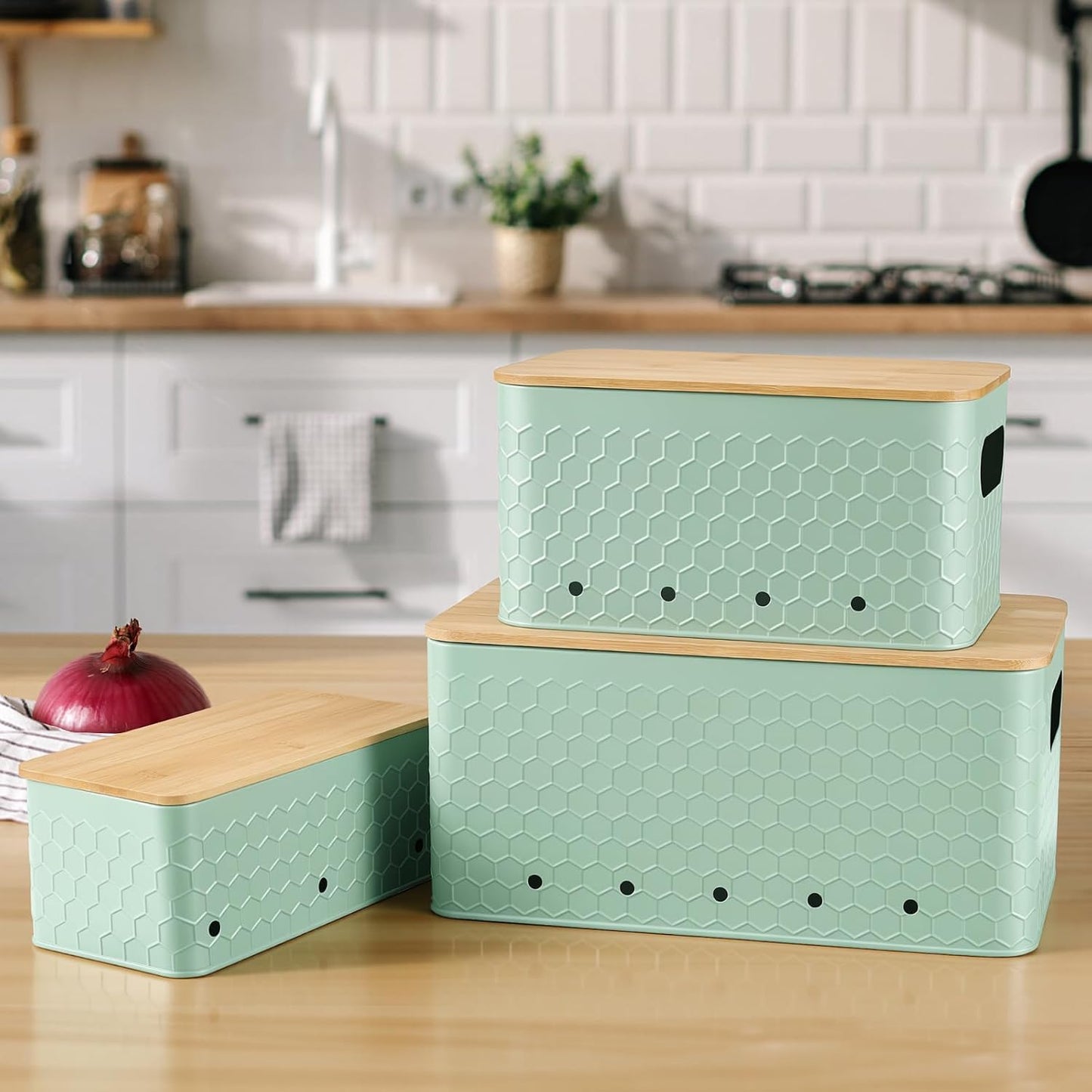Kitchen Vegetable Storage Set of 3, Metal Onion Garlic Potato Storage Set, Kitchen Canisters Vegetable Keeper Containers with Aerating Holes and Bamboo Lid,Black