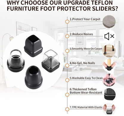 Ezprotekt Chair Leg Sliders for Carpet, 24 Pcs Square Chair Glides for Carpet, Carpet Furniture Pads Stool Leg Protectors Caps, Carpet Furniture Glides Quickly and Easily (L Fit:1" - 1.4")
