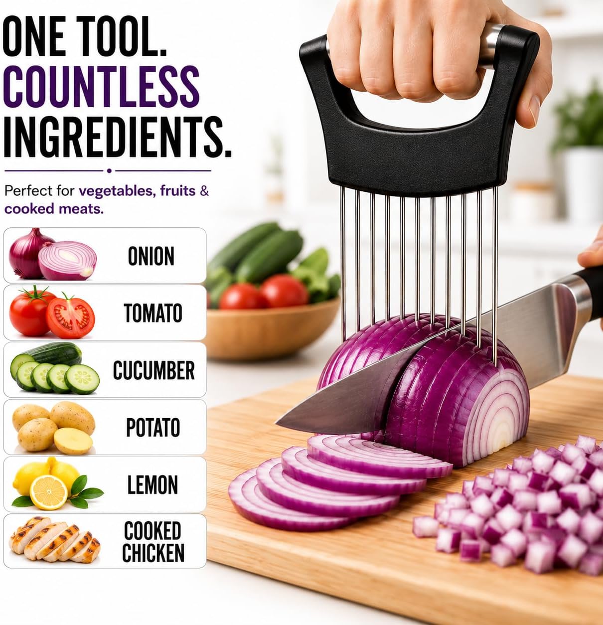 Onion Slicer Holder, 304 Stainless Steel Onion Cutter Tool with 10 Prongs, Vegetable Cutting Guide for Safe & Even Slicing, Food Prep Holder for Onion, Tomato & Potato