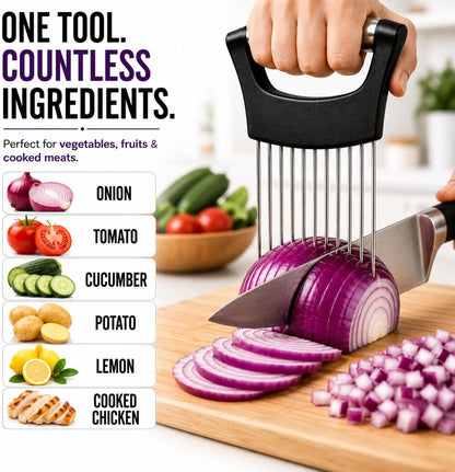 Onion Slicer Holder, 304 Stainless Steel Onion Cutter Tool with 10 Prongs, Vegetable Cutting Guide for Safe & Even Slicing, Food Prep Holder for Onion, Tomato & Potato