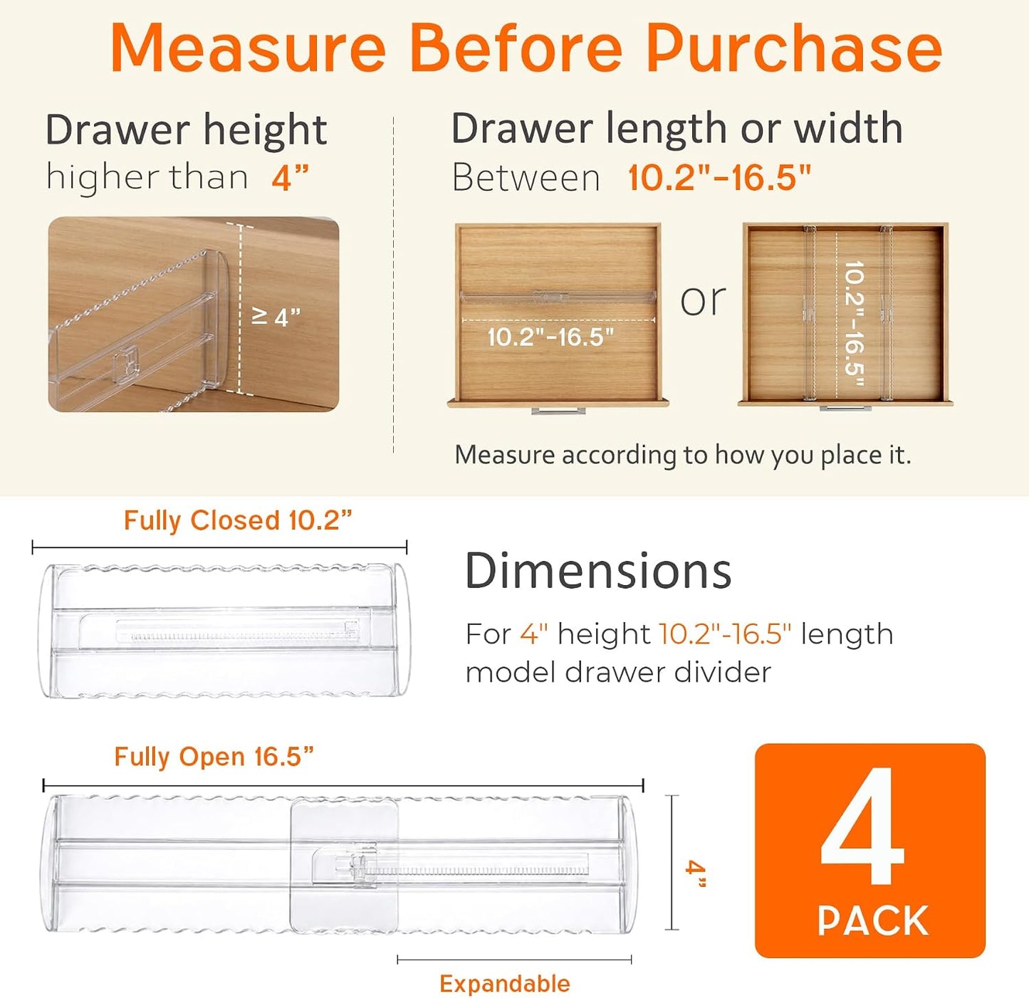 4 Pack 4" High Drawer Dividers for Clothes, 10.2"-16.5" Expandable | Dresser Drawer Organizers, Adjustable Plastic Clear Drawer Separators for Kitchen, Baby Clothing, Socks & Underwear Storage