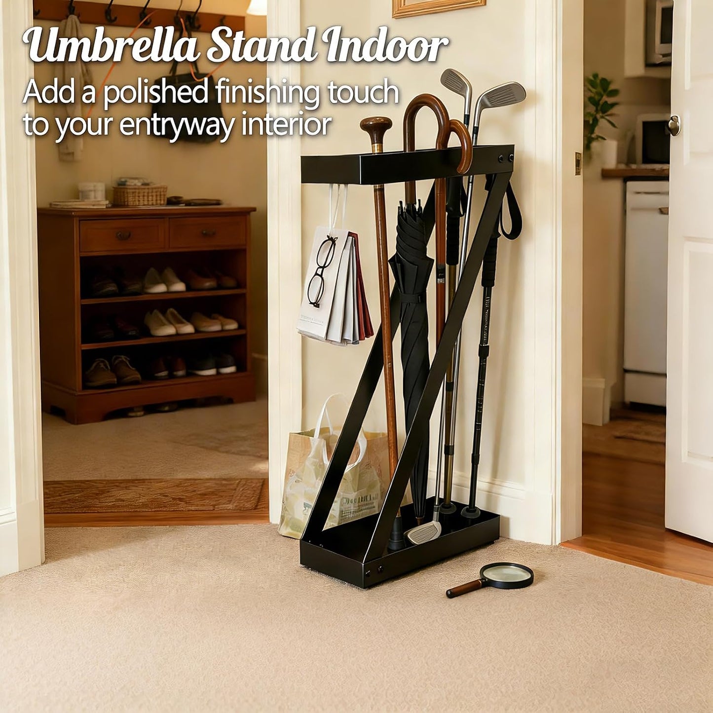 Umbrella Holder for Entryway, Black Umbrella Stand Indoor Stores Umbrellas Canes Equipped with Hooks Ideal for Home, Office , Hotel Lobby of Umbrella Storage Rack