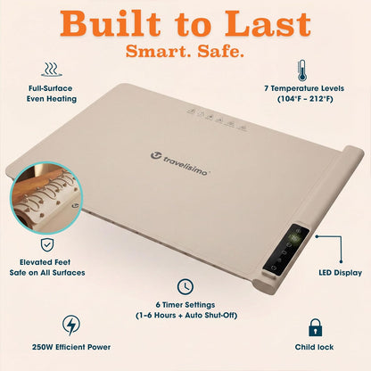 TRAVELISIMO Warming Mat for Food, 24x16in Warming Trays for Buffets Party & Family Dinners - Food Warming Mat Keeps Meals Warm & Ready to Serve, Rapid Heating Electric Warming Tray for Any Table