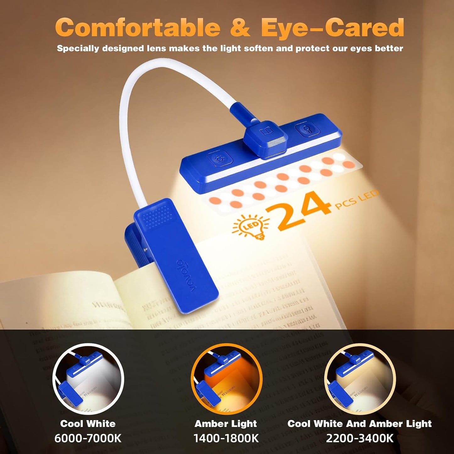 VAVOFO Rechargeable Book Light Rotatable：24 LEDs Reading Light, 3-Color & 9-Brightness Book Lamp, Eye Cared 120Hrs Runtime Lightweight Clip on Led Light for Book Lovers (Black)
