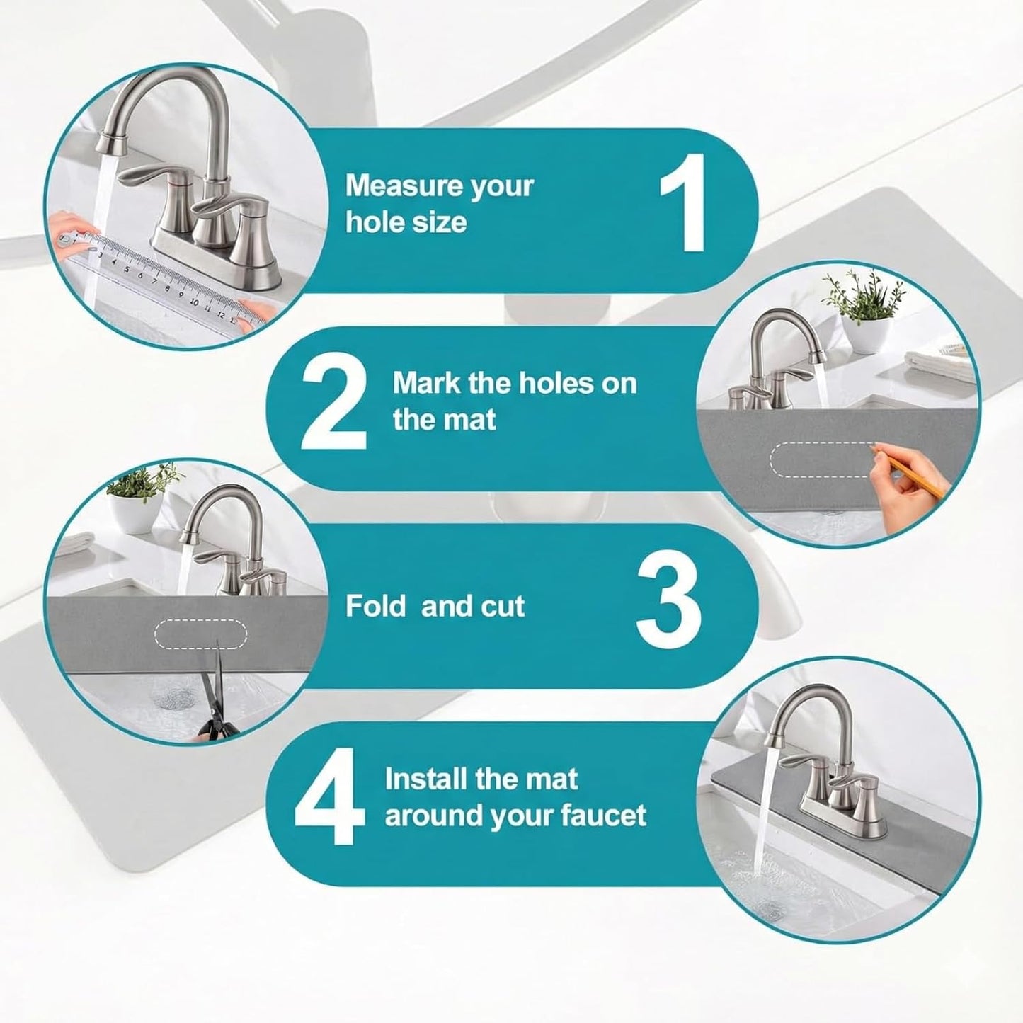 Customizable Kitchen Sink Faucet Mat: 30"Lx5.5"W Absorbent Splash Guard | Non-slip Fabric Rubber Mat, Cut to Fit Oval Rectangle Square Faucet & 2,3,4 Holes Irregular Sink with Soap Dispenser Air Gap