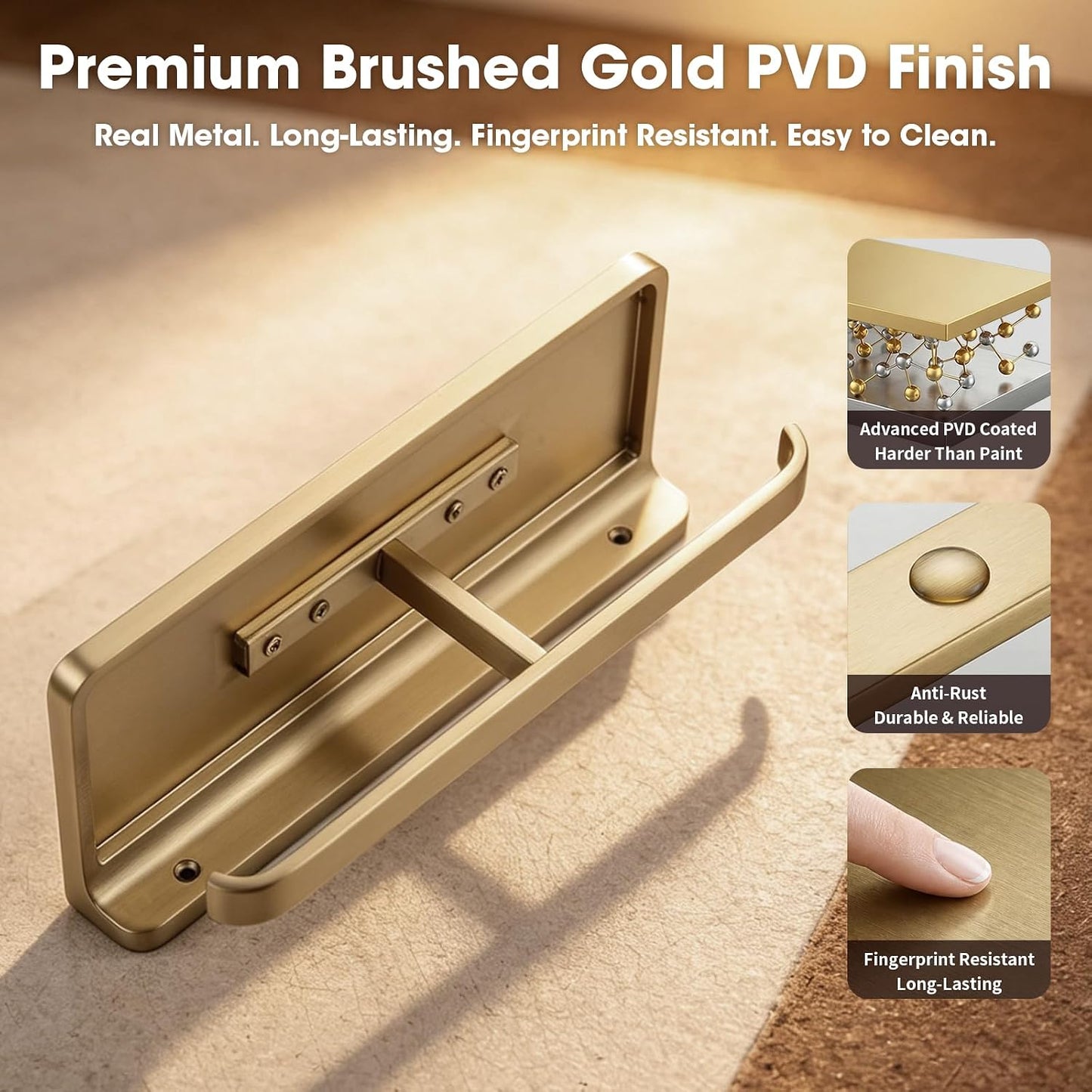 TRUSTMI Toilet Paper Holder with Phone Shelf, Zinc Alloy, Brushed Gold | Solid zinc alloy holder holds 15 lbs and fits jumbo rolls. Shelf stores phones and wipes for easy bathroom organization