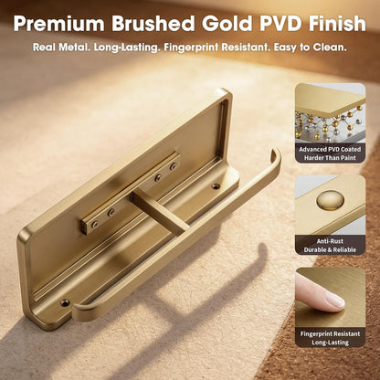 TRUSTMI Toilet Paper Holder with Phone Shelf, Zinc Alloy, Brushed Gold | Solid zinc alloy holder holds 15 lbs and fits jumbo rolls. Shelf stores phones and wipes for easy bathroom organization