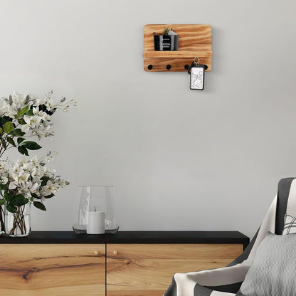Nekon Key Holder for Wall with Shelf, Pine Wooden Key Hanger, Black | Small Wall Mounted Key Holder with 4 Hooks, Farmhouse Wall Organizer for Home Entryway & Apartment