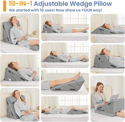 Sasttie Adjustable Wedge Pillow Set for After Surgery, Dark Grey & White | Bed Wedge Pillow Headboard with Memory Foam Neck Cushion, for Acid Reflux, Sleeping, Neck & Back Support