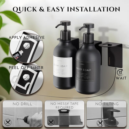 Shower Shampoo Dispenser Wall Mounted – 3 Refillable 16.9 oz Clear Bottles with Stainless Steel Pumps & No-Drill Adhesive Holders – Soap Dispenser Set for Bathroom (3 X Clear/Silver)