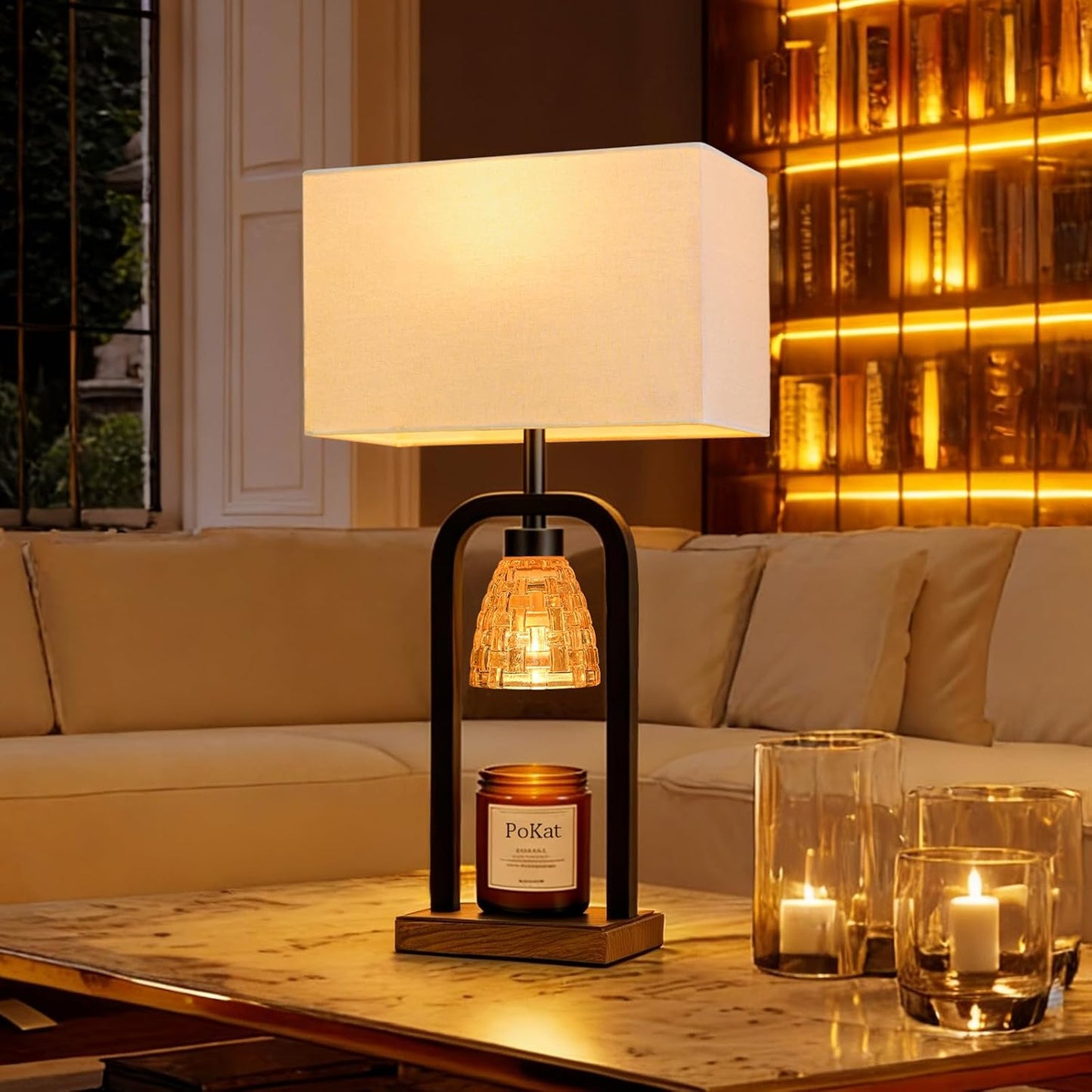 PoKat Gold Table Lamp Candle Warmer, Candle Warmer Lamp with Timer Dimmer, Wax Light Warming Table Lamp for Jar Candles, Modern Bedside Lamp for House Warming Home Decor Living Room, Bulb Included