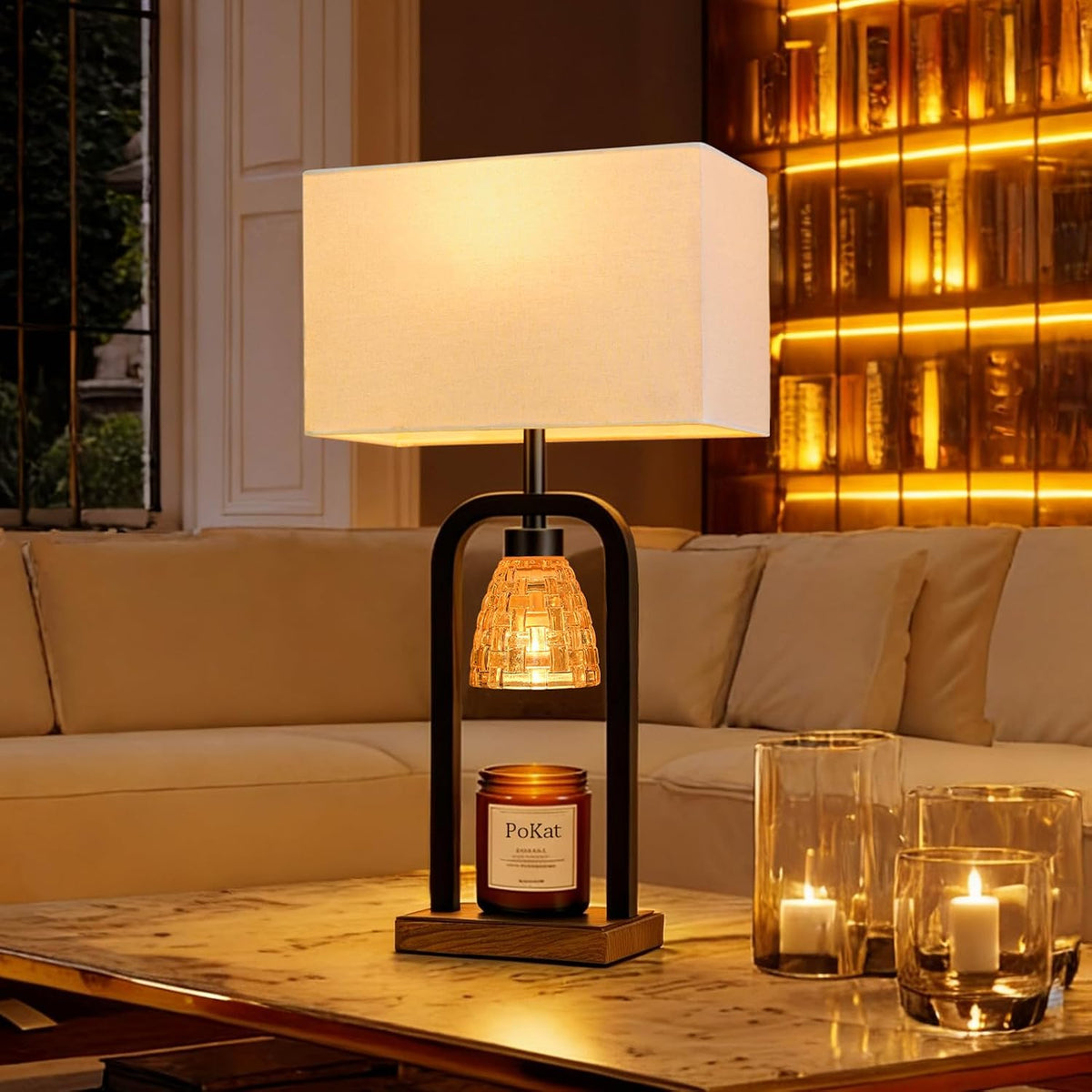 PoKat 2 in 1 Gold Table Lamp with Candle Warmer, Timer & Dimmer, Modern