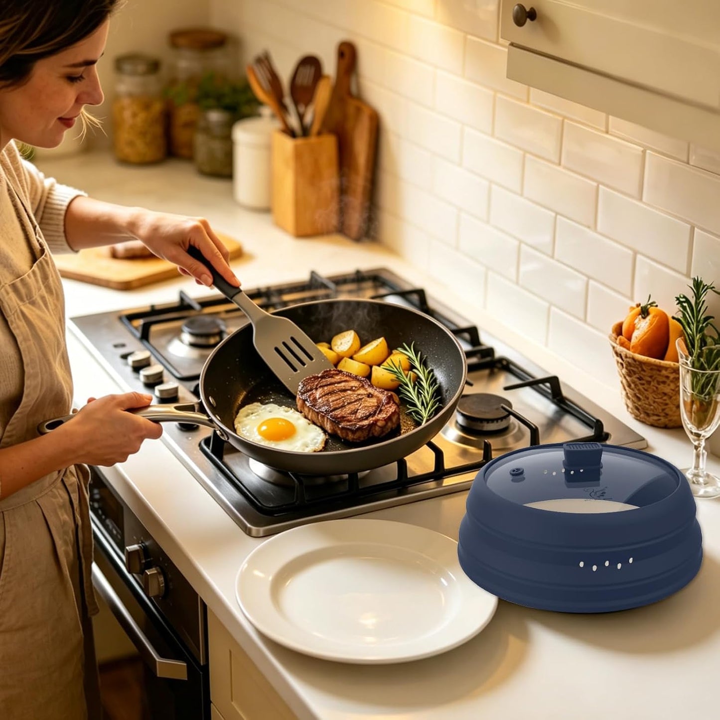 Microwave Splatter Cover Glass Guard Lid with Collapsible Silicone for Food Pot Plate Cover 9.8 inch Dark Blue