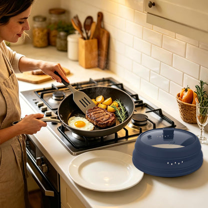 Microwave Splatter Cover Glass Guard Lid with Collapsible Silicone for Food Pot Plate Cover 9.8 inch Dark Blue