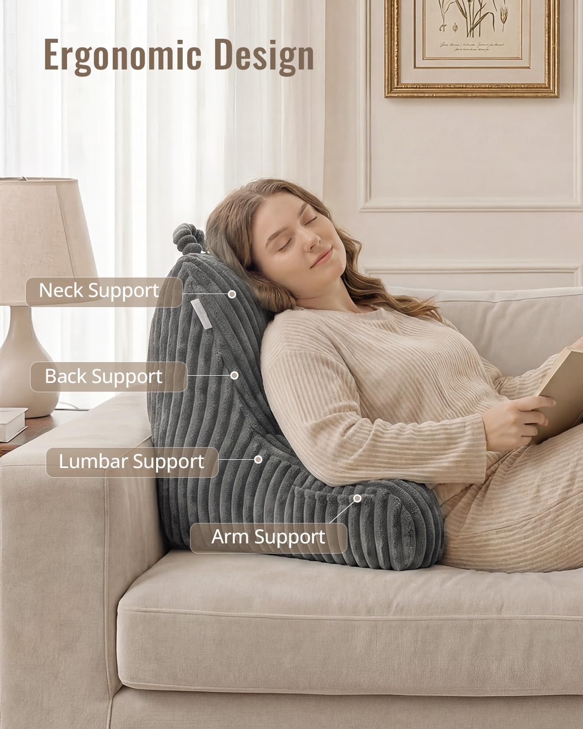 Blissful Diary Reading Pillow, Backrest Pillow with Shredded Memory Foam for Adult & Children, Designed for Bed and Couch Sitting Up, Includes Arms, Pockets and Washable Cover, Off White
