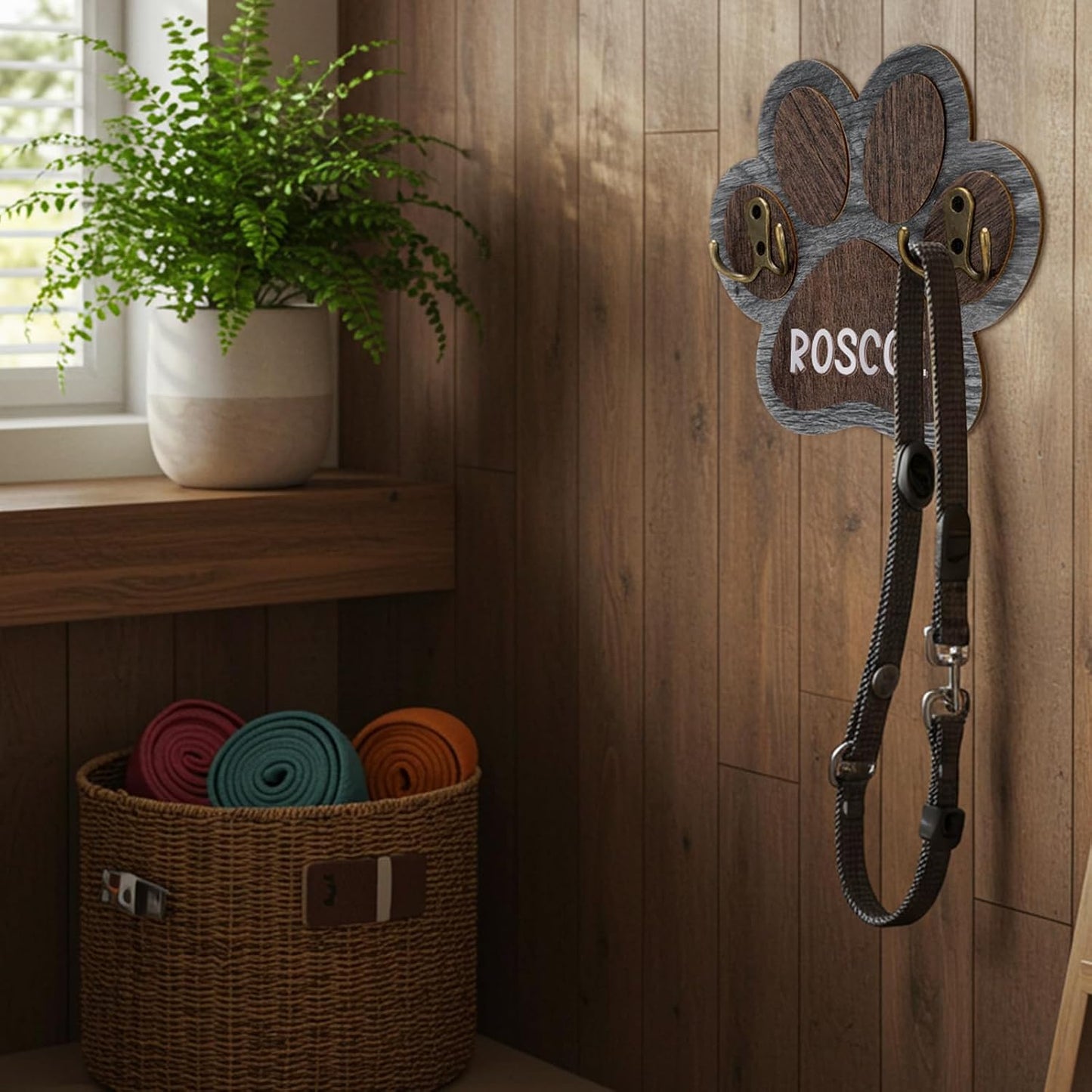 Kathfly Wooden Dog Leash Holder for Wall Paw-Shaped Pet Harness Hanger 52 Letters Leash Hook Hangers Cat Collar Organizer Keychain Towels for Entryway Pet Loss Gifts Keepsake Home Decor (Double Hook)