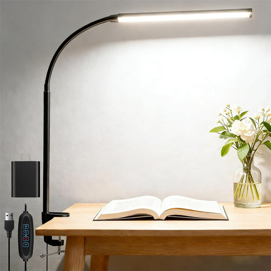 Clip on Desk Lamp with Clamp,Dimmable Eye Caring Book Reading Light for Bed | 54 LED 3 Color 10 Brightness, Push Button,USB Powered with Adapter, Flexible Gooseneck Clamp Lamp for Computer Workbench Nail